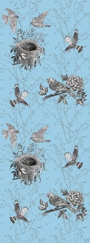 шинуазри, птицы, гнездо, ветви, цветы, голубой фон, винтажный стиль, ботаническая иллюстрация, декоративные, для гостиной, для спальни, для кухни
