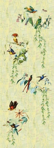 шинуазри, тропические птицы, экзотические цветы, лианы, зелёный фон, пастельные оттенки, ботаническая иллюстрация, тропики, декоративные, для гостиной, для спальни, для кухни