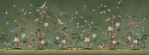 шинуазри, китайский стиль, птицы, цветы, деревья, зелёный фон, ветви с цветами, экзотические птицы, декоративный, панно, живопись, ботаническая роспись, природа, пейзаж, восточный орнамент, для гостиной, для спальни