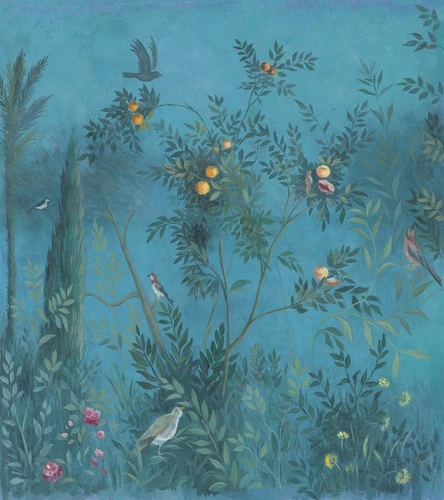 шинуазри, синие обои, пышная зелень, тропические растения, цитрусовые деревья, апельсины, птицы на ветках, цветы, экзотический сад, восточный стиль, декоративная роспись, флора и фауна, художественная панель, интерьерная живопись, природа, для гостиной, для спальни, изысканный декор