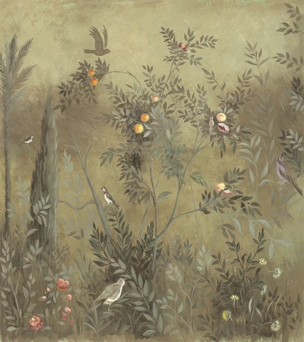 шинуазри, бежевые обои, пышная зелень, тропические растения, цитрусовые деревья, апельсины, птицы на ветках, цветы, экзотический сад, восточный стиль, декоративная роспись, флора и фауна, художественная панель, интерьерная живопись, природный орнамент, для гостиной, для спальни, изысканный декор