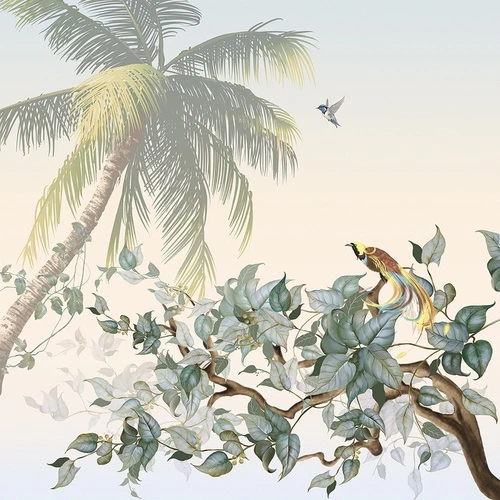 пальма, тропические листья, птицы, экзотика, ветви деревьев, закат, пастельные тона, тропический пейзаж, для гостиной, для спальни, для офиса, расширяющие пространство, лето, минимализм