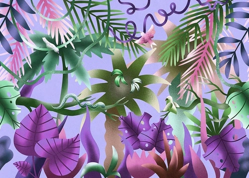 яркие тропические листья, экзотические растения, попугаи, змеи, фиолетовые и розовые листья, зеленая листва, абстракция, джунгли, декоративный узор, современный стиль, для спальни, для гостиной, тропический фон