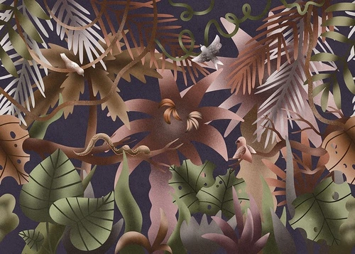 тропические листья, экзотические растения, попугаи, змеи, коричневые и оранжевые оттенки, зеленая листва, декоративный узор, джунгли, абстракция, современный стиль, для гостиной, для спальни, тропический фон