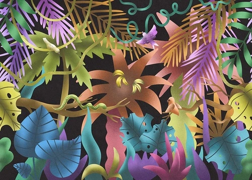тропические листья, яркие цвета, экзотические растения, попугаи, змеи, синие и фиолетовые листья, зеленая листва, декоративный узор, джунгли, абстракция, современный стиль, для спальни, для гостиной, тропический фон