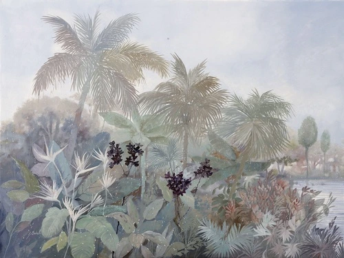 тропический пейзаж, пальмы, банановые листья, экзотические растения, цветы, озеро, живопись, пастельные оттенки, зелень, для гостиной, для спальни, природа, расширяющие пространство, лето