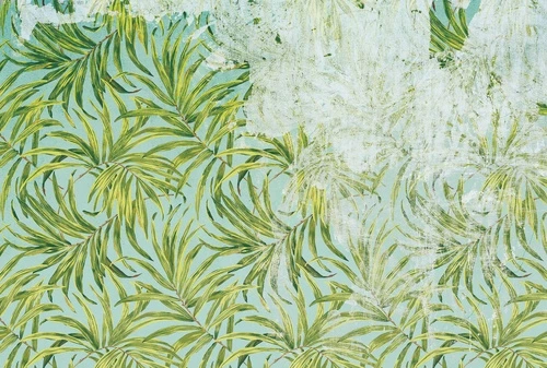 пальмовые листья, тропический орнамент, зелень, акварельный стиль, бирюзовый фон, экзотика, лето, декоративный узор, для гостиной, для спальни, для офиса, природа, расширяющие пространство