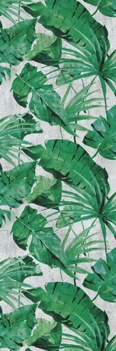 монстера, пальмовые листья, тропический орнамент, зелень, акварельный стиль, бетонный фон, экзотика, декоративный узор, лето, для гостиной, для спальни, для офиса, природа, расширяющие пространство          Ask ChatGPT