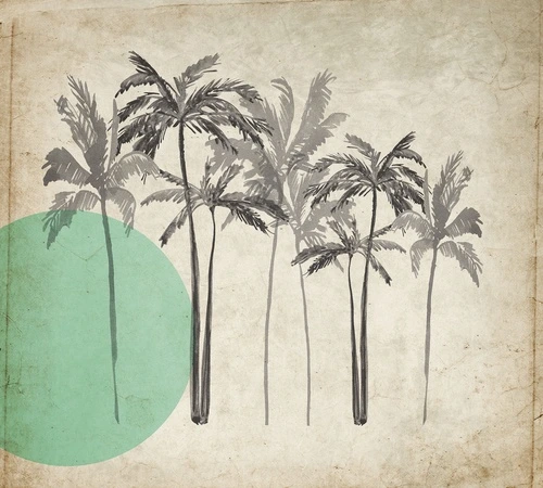 пальмы, тропический пейзаж, винтажный стиль, ретро фон, акварель, серые силуэты, минимализм, декоративный рисунок, для гостиной, для спальни, для офиса, природа, экзотика