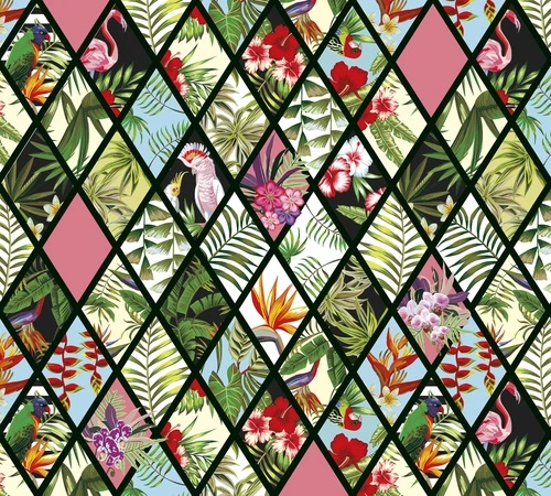 тропические листья, цветы, птицы, фламинго, попугаи, ромбовидный узор, экзотика, яркие цвета, декоративный орнамент, лето, для гостиной, для спальни, современный стиль, природа