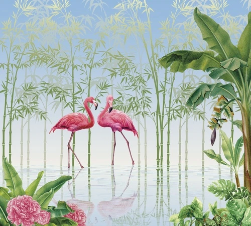 фламинго, бамбук, банановые листья, тропические растения, экзотика, цветы, вода, отражение, лето, для гостиной, для спальни, декоративный рисунок, природа, расширяющие пространство