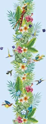 тропические цветы, птицы, листья, экзотика, яркие цвета, лето, декоративный узор, голубой фон, природа, для гостиной, для спальни, вертикальный рисунок, тропический орнамент