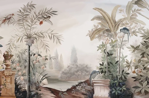 пальмы, банановые листья, тропические растения, попугаи, цветы, экзотика, пастельные тона, живопись, декоративный рисунок, природа, лето, для гостиной, для спальни, расширяющие пространство