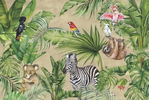тропические листья, банановые листья, экзотические растения, попугаи, зебра, коала, ленивец, животные, джунгли, яркие цвета, природа, лето, для детской, для гостиной, декоративный рисунок