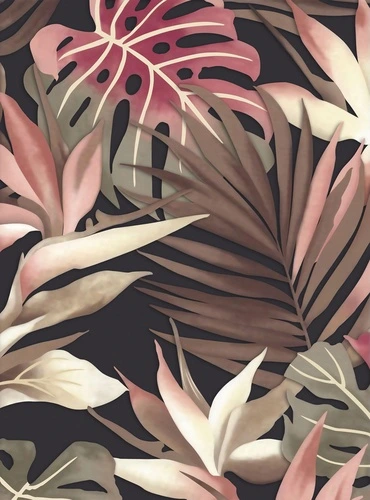 тропические листья, тёмный фон, розовые оттенки, бежевые листья, минимализм, декоративный узор, ботанический стиль, экзотика, для гостиной, для спальни, современные обои, монохром с акцентом