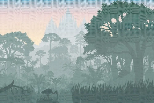 тропический лес, джунгли на рассвете, силуэты деревьев, экзотическая растительность, утренний туман, пастельное небо, зеленые оттенки, дикая природа, для гостиной, для спальни, акцентная стена, спокойный интерьер