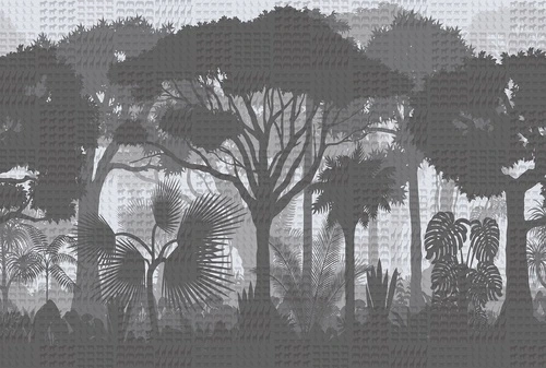 тропический лес, джунгли в серых тонах, силуэты деревьев, экзотическая растительность, монохромный дизайн, утренний туман, минимализм, для гостиной, для спальни, акцентная стена, современный интерьер