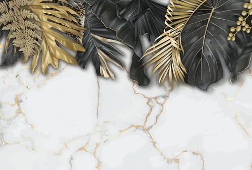 тропические листья, золотые акценты, чёрная монстера, светлый мраморный фон, золотые прожилки, экзотический орнамент, декоративные растения, арт-деко стиль, роскошный интерьер, золотая пальма, элегантный дизайн, акцентная стена, премиум оформление, для гостиной, для спальни