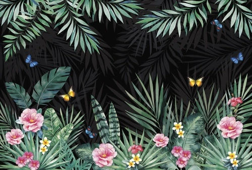 тропические листья, пальмовые ветви, экзотические цветы, розовые бутоны, гибискус, франжипани, зелёная листва, чёрный фон, бабочки, тропический сад, летний дизайн, ботанический орнамент, цветочный узор, экзотическая флора, яркий декор, для гостиной, для спальни, акцентная стена