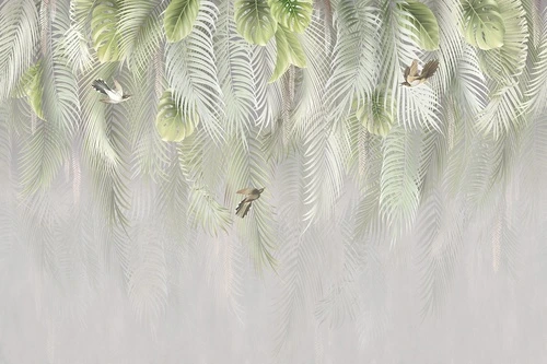 пастельные тропические листья, пальмовые ветви, монстера, нежно-зеленые оттенки, 3D эффект, птицы, легкий фон, ботанический орнамент, современный интерьер, акцентная стена, для спальни, для гостиной, минимализм, элегантный декор, тропическая флора