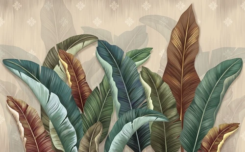 банановые листья, тропическая флора, 3D эффект, зелёные и коричневые оттенки, ботанический орнамент, экзотические растения, акцентная стена, для гостиной, для спальни, современный интерьер, фон с узором, природный декор, яркий дизайн, джунгли