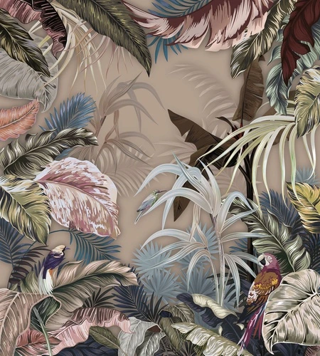 тропические листья, экзотические растения, пальмы, попугаи, птицы, джунгли, бежевый фон, 3D эффект, яркие цвета, ботанический орнамент, тропический лес, декоративная стена, интерьер, акцентная панель, экзотический декор, природный стиль