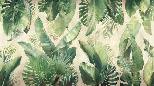 тропические листья, монстера, банановые листья, пальмы, экзотическая растительность, зеленый ботанический орнамент, джунгли, природный декор, акцентная стена, интерьер, декоративные обои, натуральные оттенки, фон для комнаты, зелень, растения