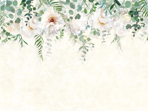 цветы, свисающие, белые пионы, на белом фоне, зеленые листья