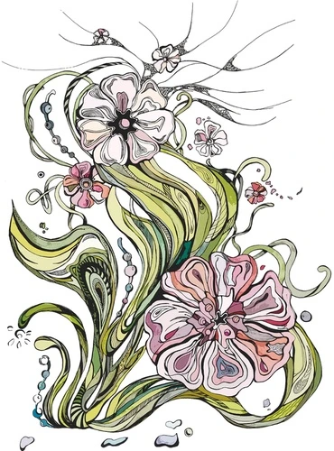 цветы, графика, розовая, зеленая, абстракция