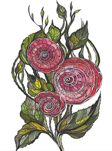 цветы, графика, красная, зеленая, абстракция, круги