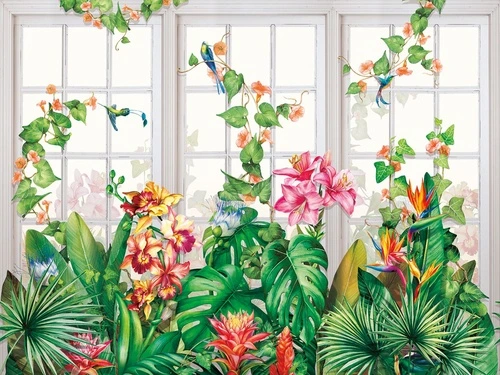 цветы, окно, листья тропические, зеленая, розовая, зелень