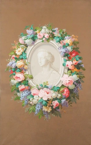 цветы, на бежевом фоне, венок, барельеф