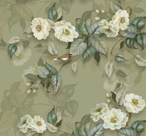 цветы, живопись, картины, зеленая, белые, птицы