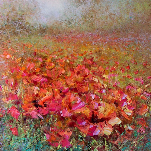 цветы, маки, красная, поле, живопись, картины