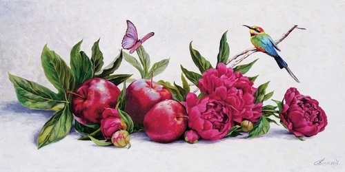 цветы, фрукты, яблоки, красная, живопись, картины, на белом фоне