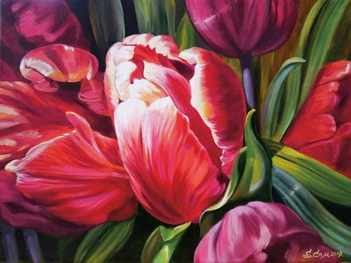 цветы, тюльпаны, красная, живопись, картины