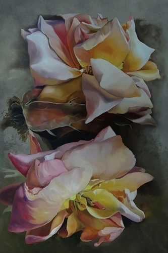 цветы, живопись, картины, пионы, желтая, розовая