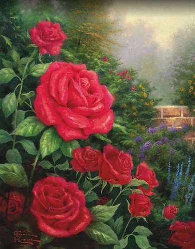 цветы, живопись, розы, красные, куст роз, листья