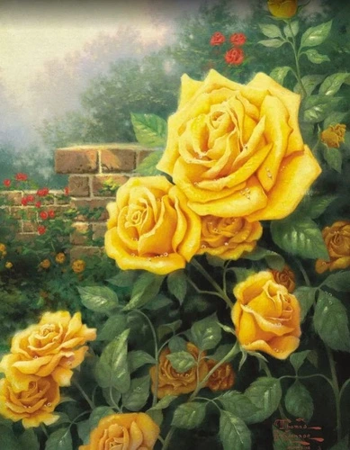 цветы, живопись, розы, желтая, куст роз, листья, зеленая