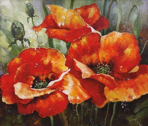 цветы, маки, живопись, картины, красная, зеленая