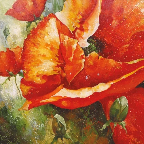 цветы, маки, живопись, картины, красная, зеленая, современные