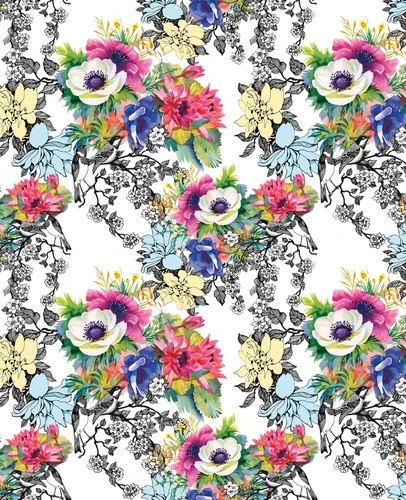 цветы, разноцветные, на белом фоне, птицы, графичные