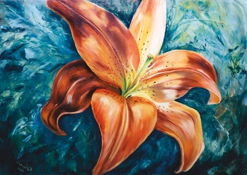 цветы, лилия, оранжевая, на голубом фоне, на синем фоне