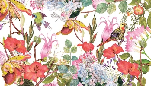 цветы, тропические, шинуазри, красная, на белом фоне, экзотические птицы