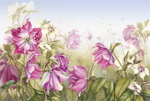 цветы, пионы, розовая, поляна, голубое небо, живопись, картины