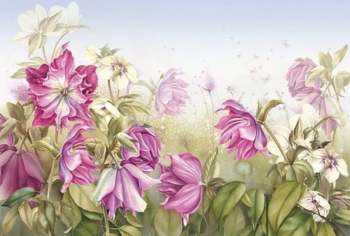 цветы, пионы, розовая, поляна, голубое небо, живопись, картины