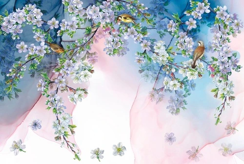 цветы, ветки, яблоня, белые, голубая