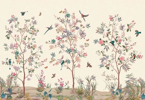 популярные, шинуазри, райский сад, сад с птицами, сад с цветами, на кремовом фоне, нежные, красивые, итальянская, хорошего качества, уникальные, лучшие, новинки