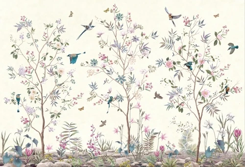 над кроватью, шинуазри, сад, розы, цветы, птицы, деревья, светлые, светло желтые, нежные