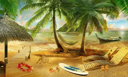пейзаж, природа, пальмы, море, с пальмами и морем, доска, облака, вода, пляж, морская звезда, с пальмами, красные, закат, песок, пирс, лодка, кокосы, розовые, серфинг, отдых, лежаки, замок из песка, гамак, тапки, коктейль, берег, волны, небо, цветы
